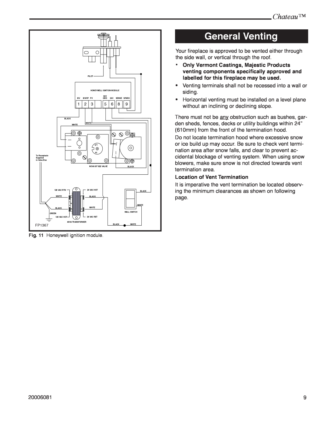 Vermont Casting DVT38 installation instructions General Venting, Chateau, Location of Vent Termination 