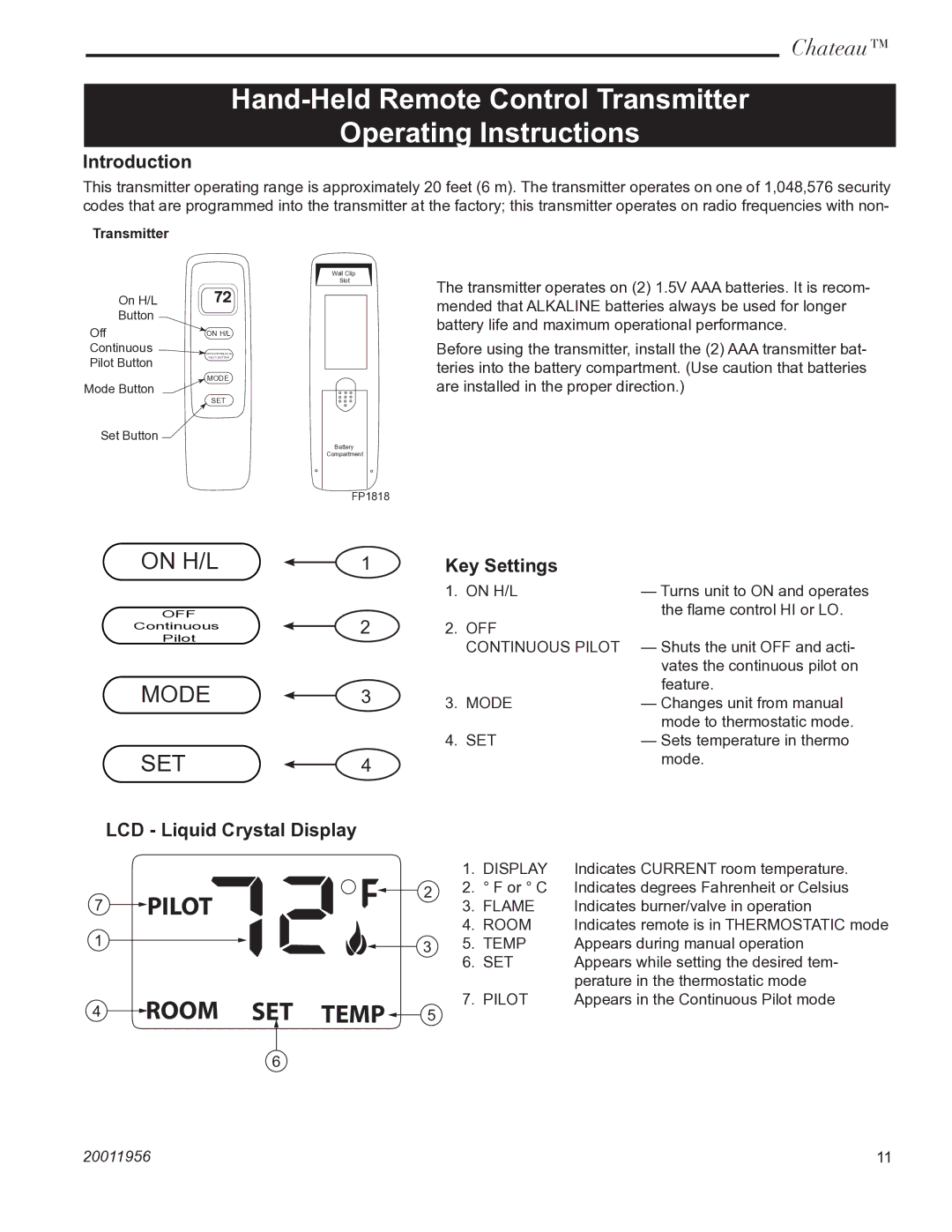 Vermont Casting DVT38IN Hand-Held Remote Control Transmitter Operating Instructions, Introduction, Key Settings 