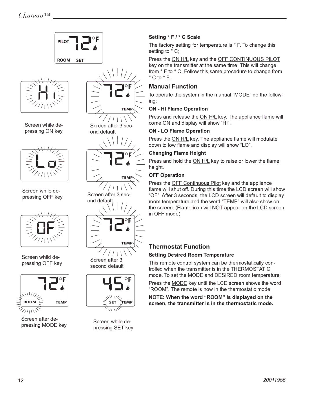 Vermont Casting DVT38IN installation instructions Manual Function, Thermostat Function 