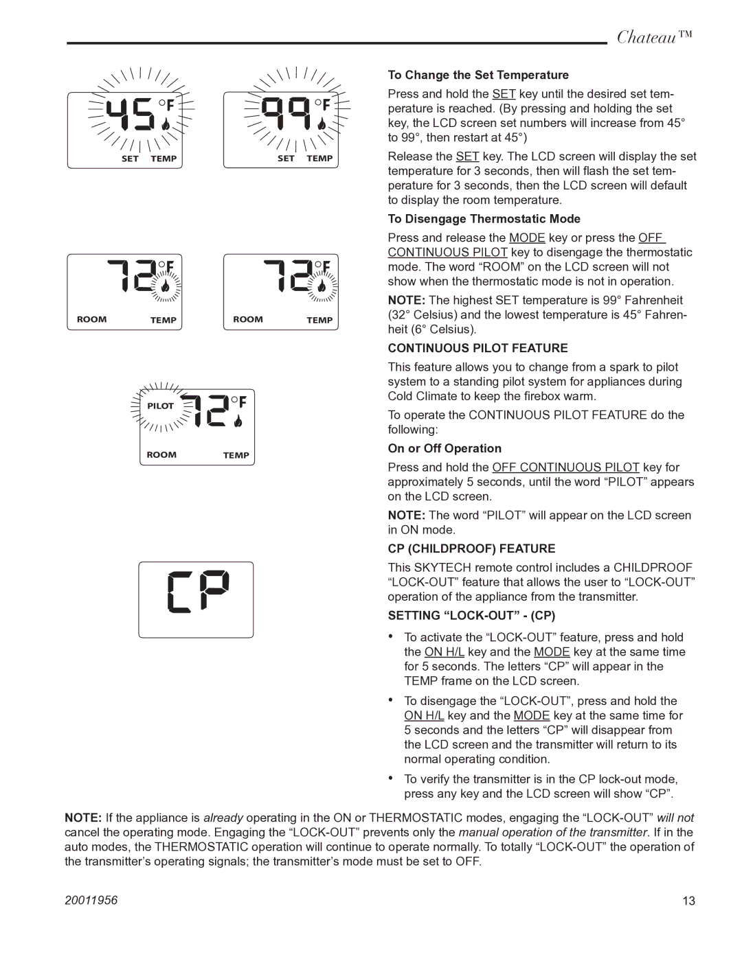 Vermont Casting DVT38IN installation instructions Continuous Pilot Feature, CP Childproof Feature, Setting LOCK-OUT CP 