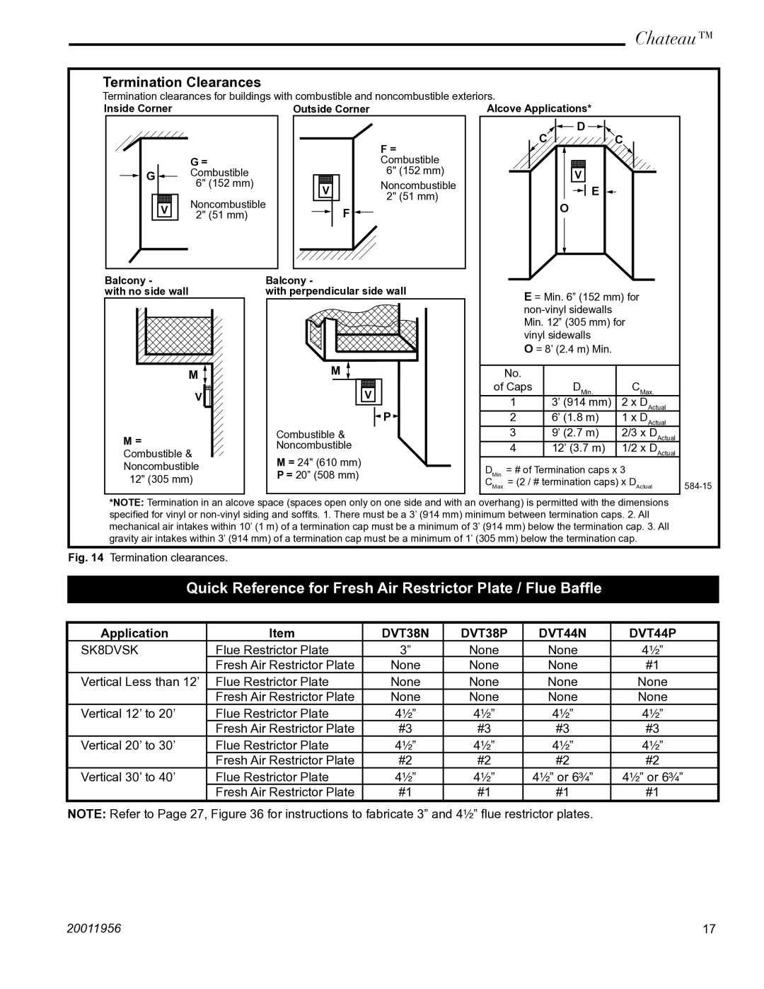 Vermont Casting DVT38IN installation instructions Quick Reference for Fresh Air Restrictor Plate / Flue Bafﬂe, Application 