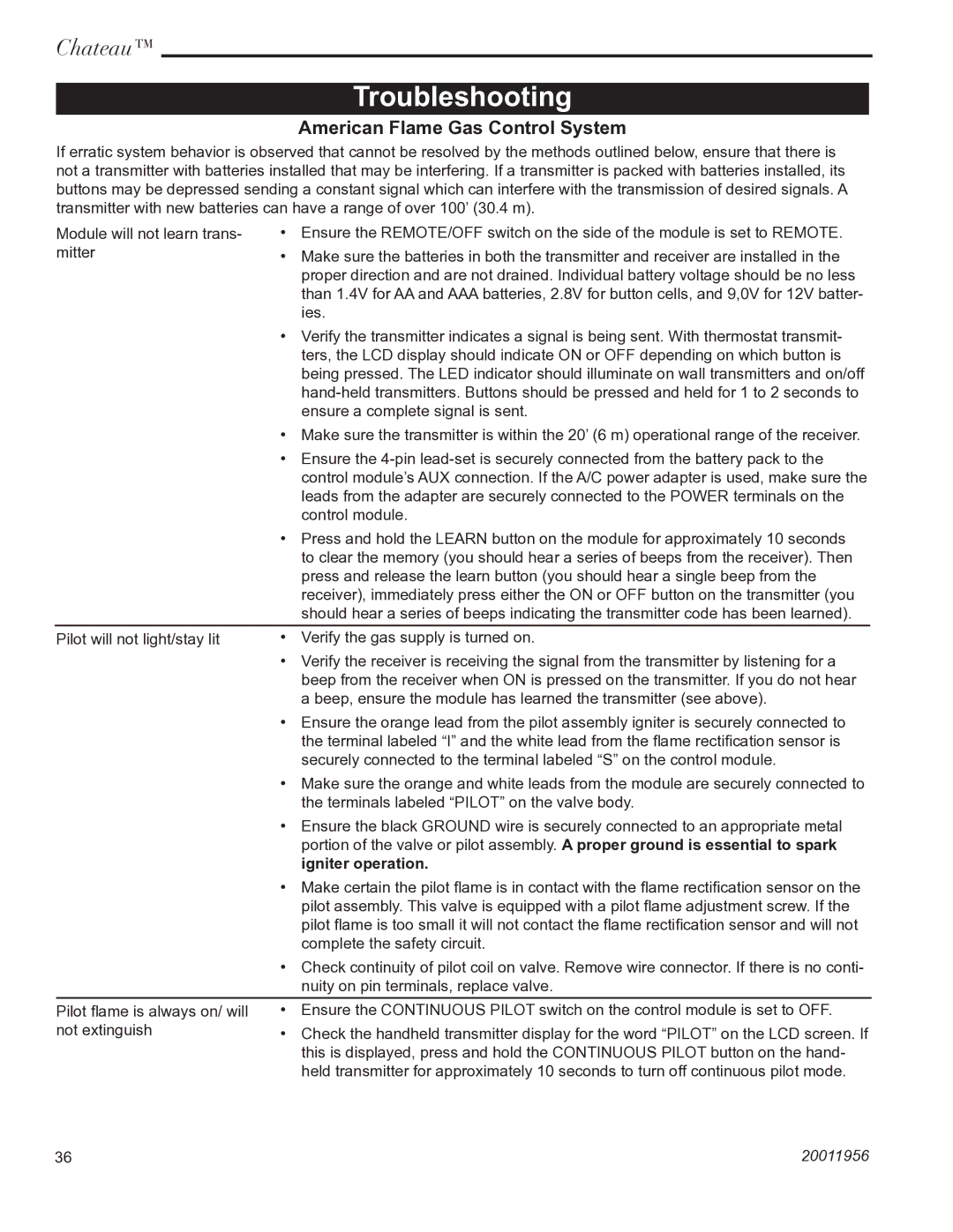 Vermont Casting DVT38IN installation instructions Troubleshooting, American Flame Gas Control System, Igniter operation 