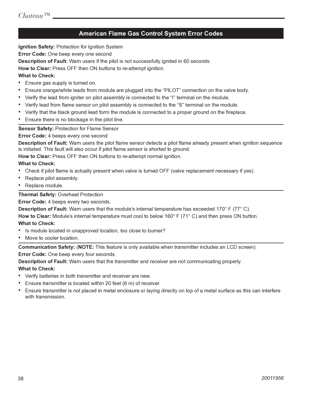 Vermont Casting DVT38IN installation instructions American Flame Gas Control System Error Codes, What to Check 