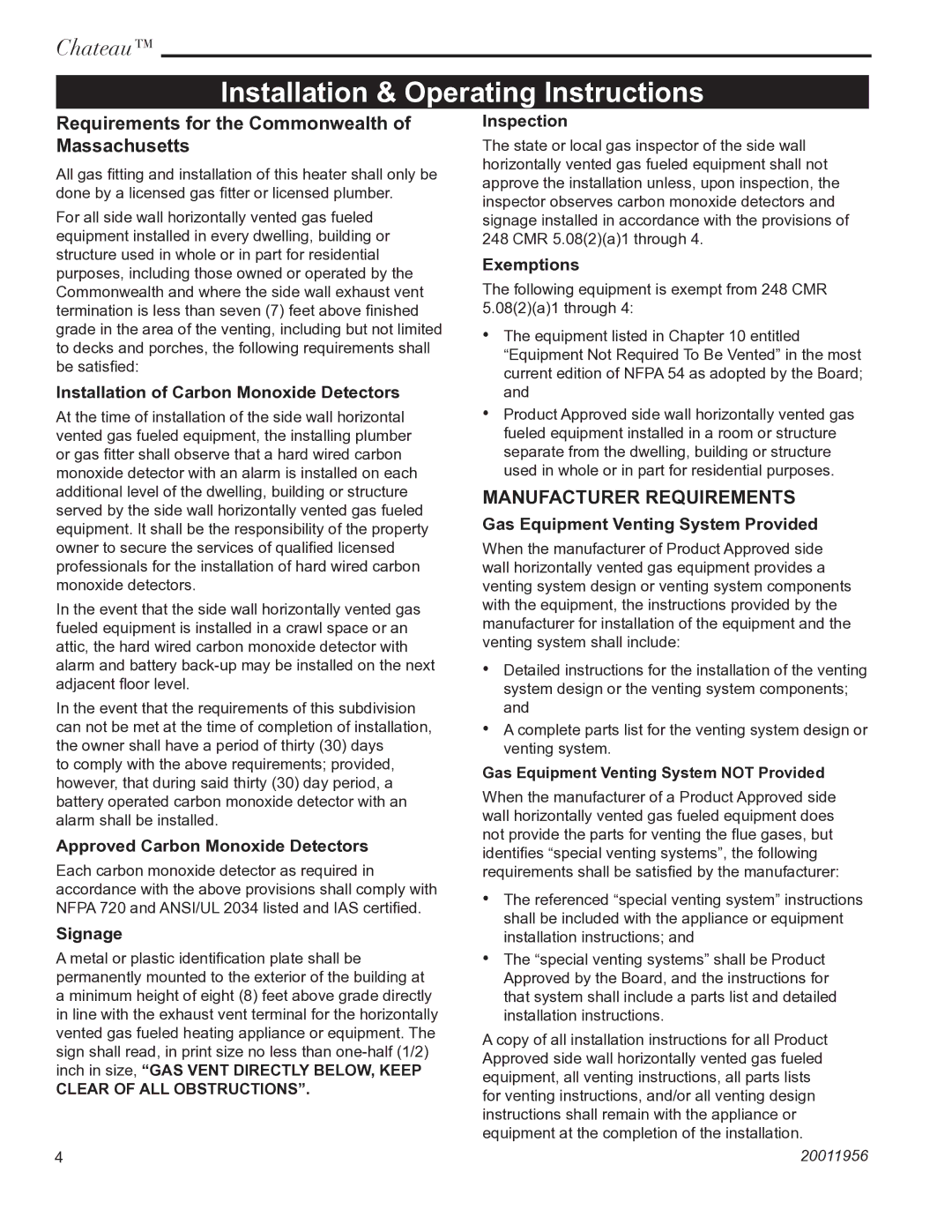 Vermont Casting DVT38IN Requirements for the Commonwealth of Massachusetts, Clear of ALL Obstructions 