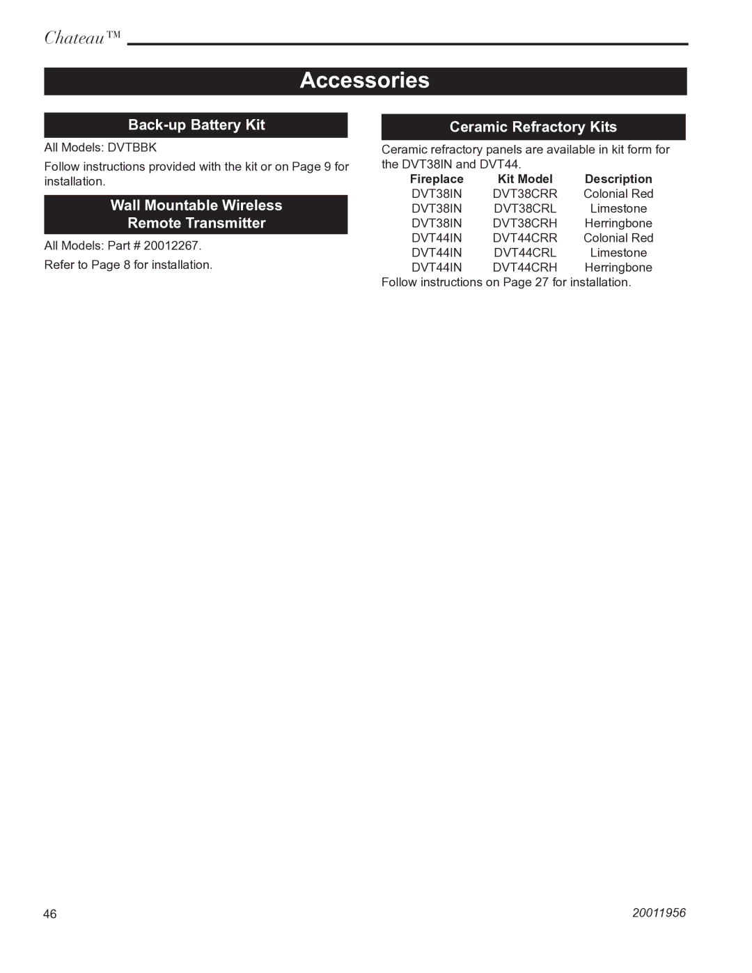 Vermont Casting DVT38IN Accessories, Back-up Battery Kit, Wall Mountable Wireless Remote Transmitter 