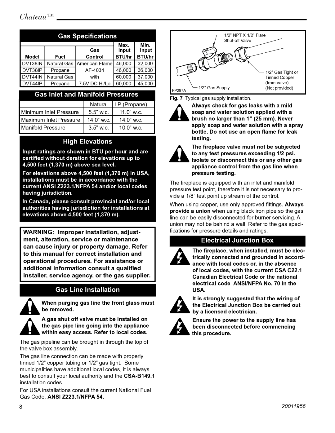 Vermont Casting DVT38IN Gas Speciﬁcations, Gas Inlet and Manifold Pressures, High Elevations, Gas Line Installation 