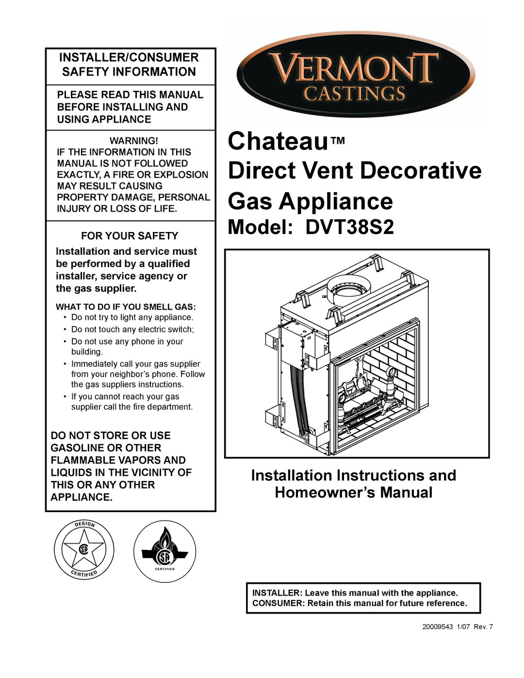 Vermont Casting DVT38S2 installation instructions INSTALLER/CONSUMER Safety Information, What to do if YOU Smell GAS 