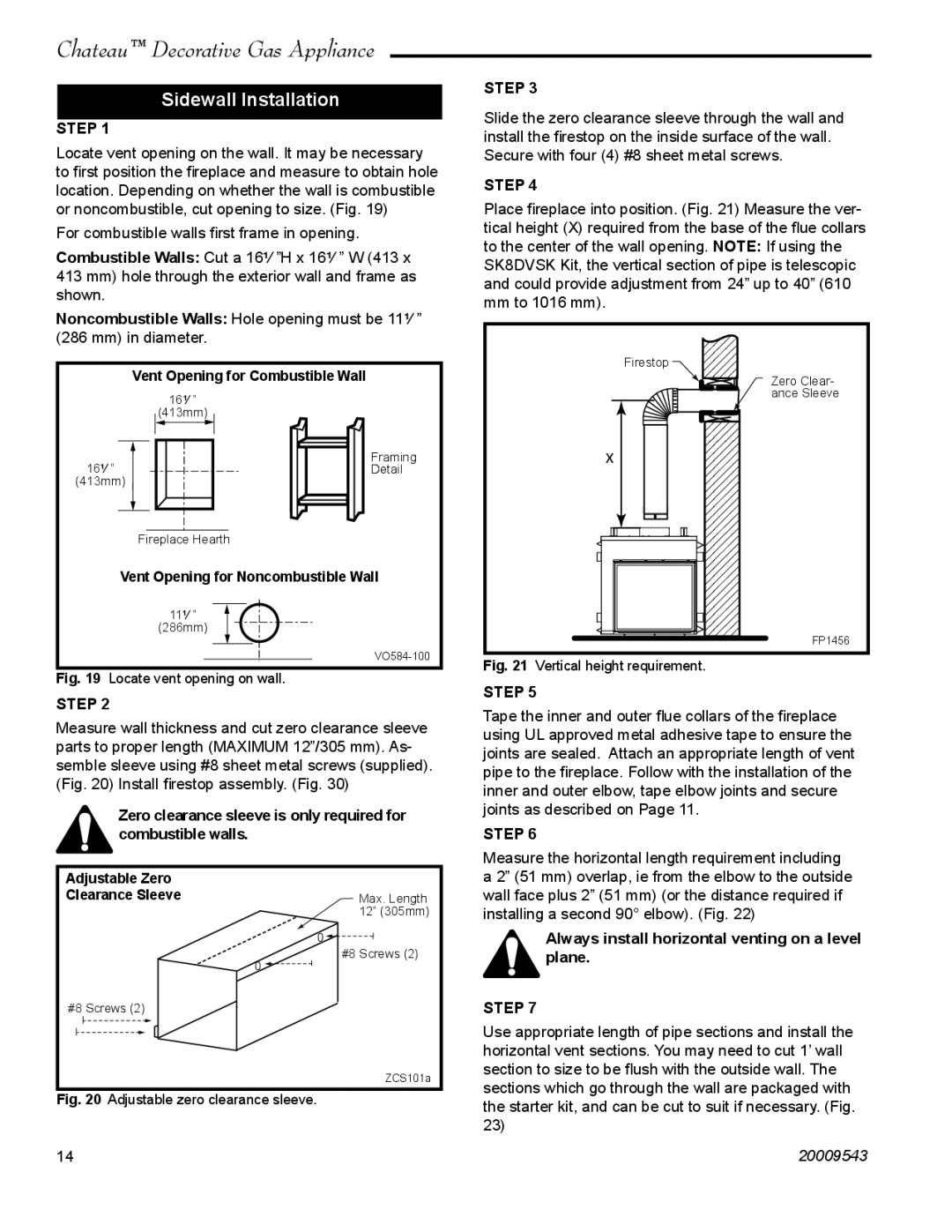 Vermont Casting DVT38S2 Sidewall Installation, Step, Always install horizontal venting on a level plane 