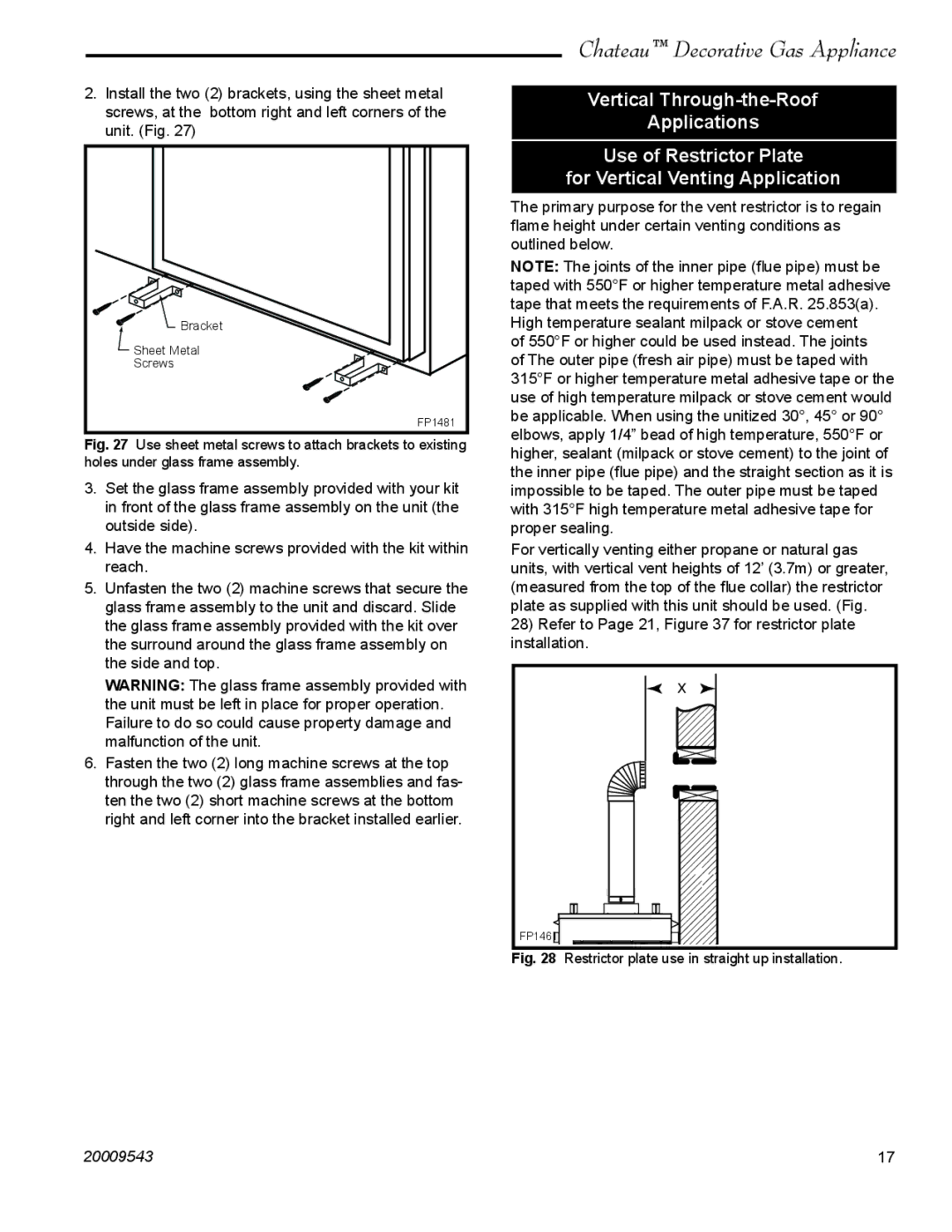 Vermont Casting DVT38S2 installation instructions Restrictor plate use in straight up installation 