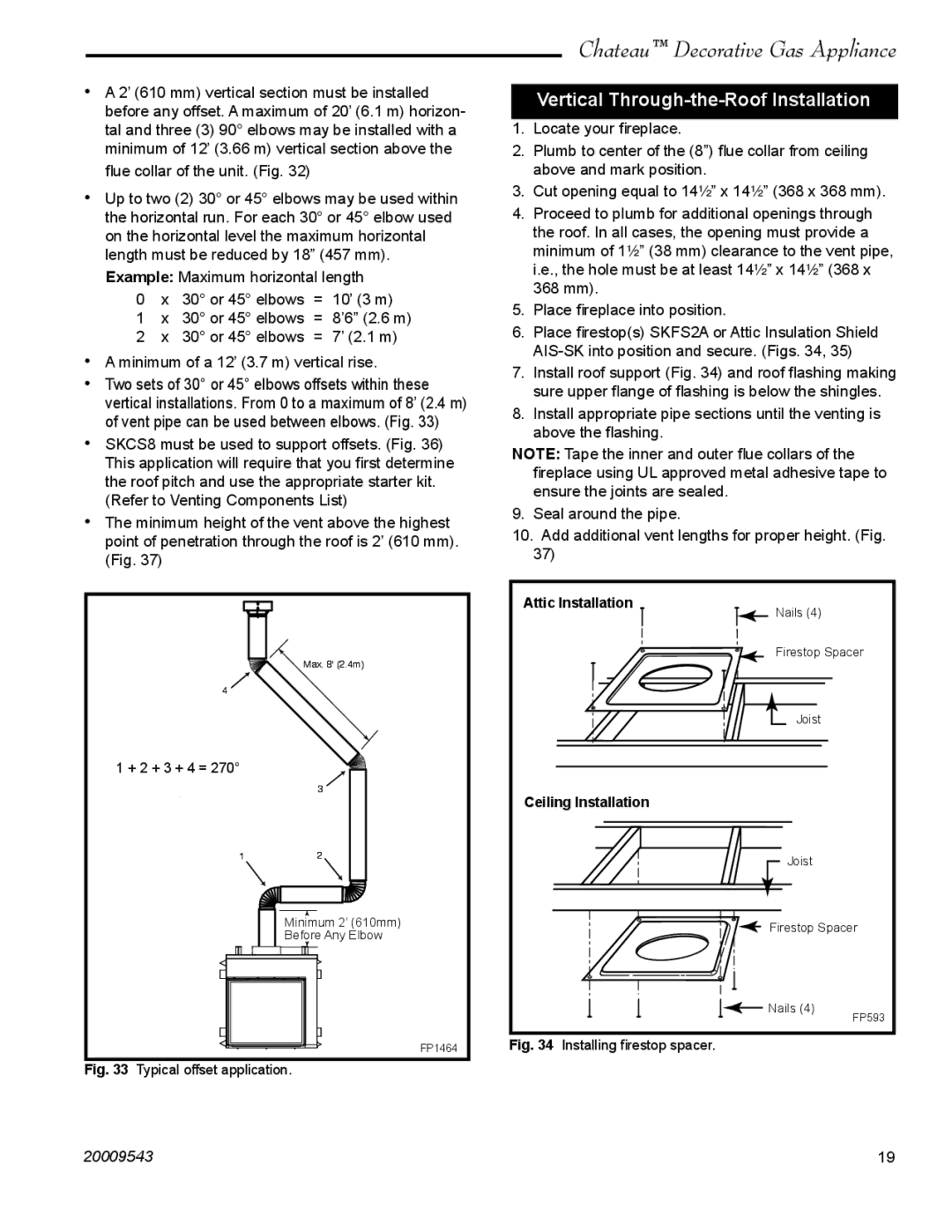 Vermont Casting DVT38S2 installation instructions Vertical Through-the-Roof Installation, Installing ﬁrestop spacer 