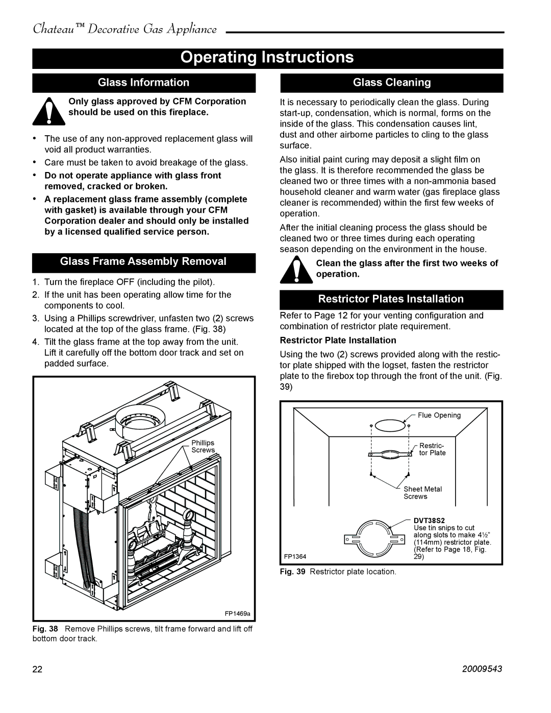 Vermont Casting DVT38S2 Operating Instructions, Glass Information, Glass Frame Assembly Removal, Glass Cleaning 