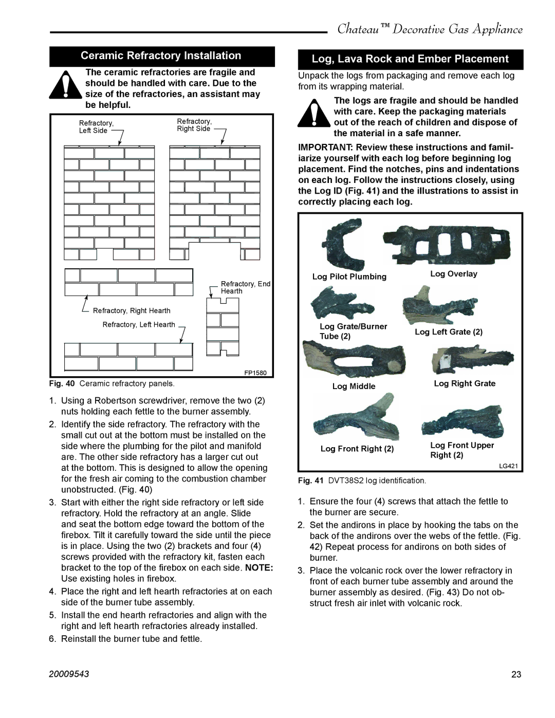 Vermont Casting DVT38S2 installation instructions Ceramic Refractory Installation, Log, Lava Rock and Ember Placement 