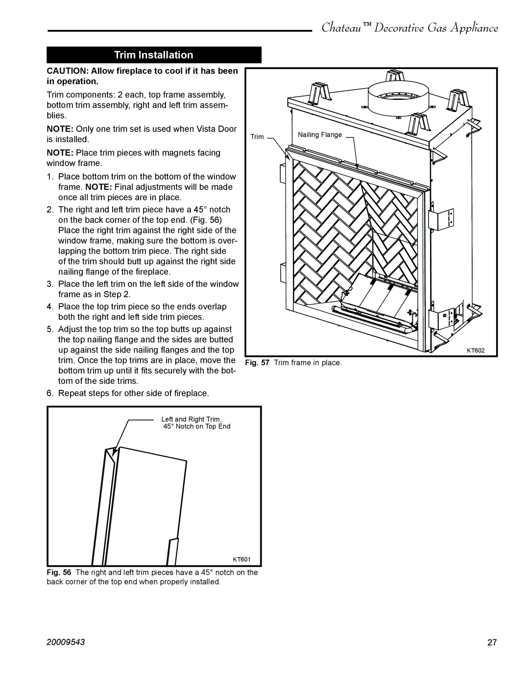 Vermont Casting DVT38S2 installation instructions Trim Installation, Trim frame in place 