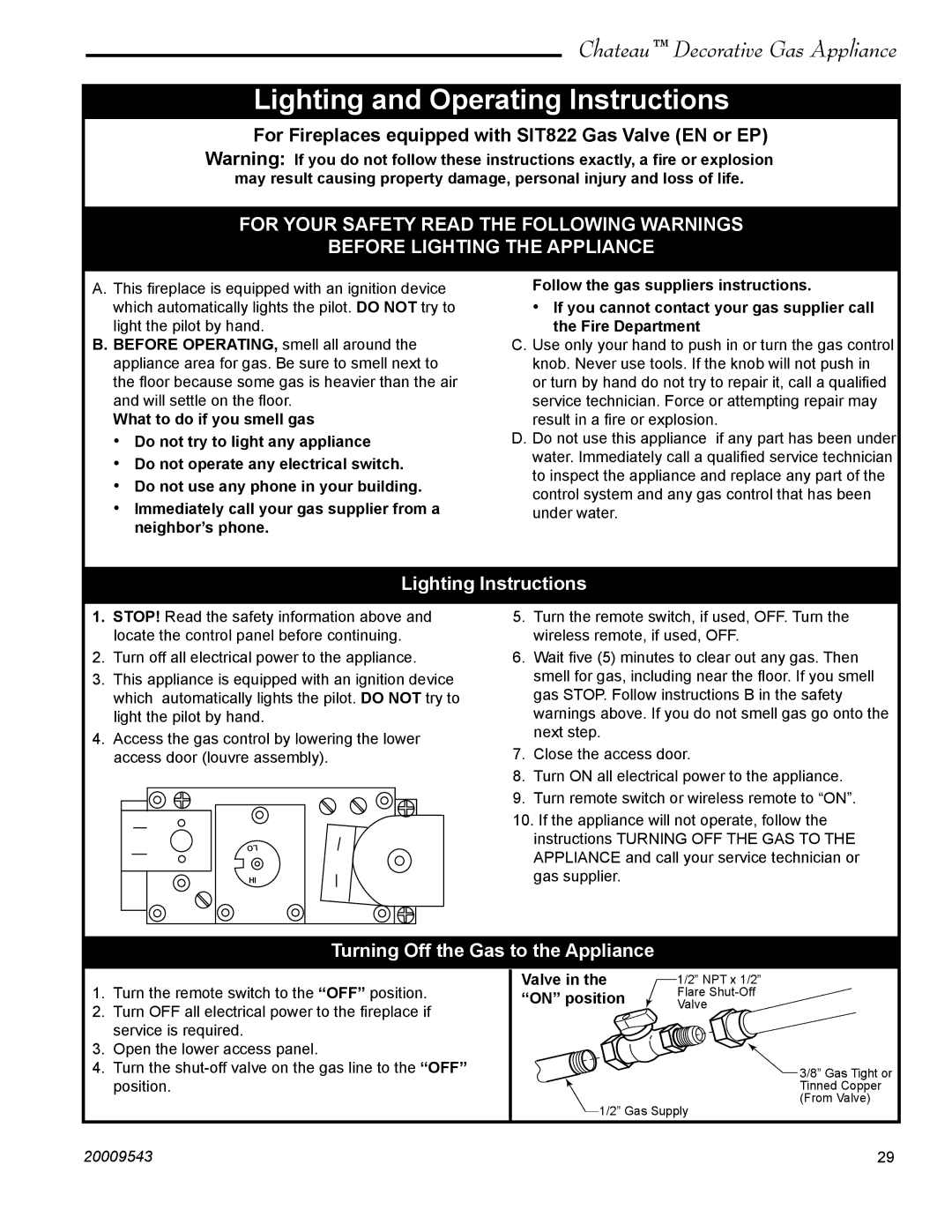 Vermont Casting DVT38S2 Lighting and Operating Instructions, Lighting Instructions, Turning Off the Gas to the Appliance 