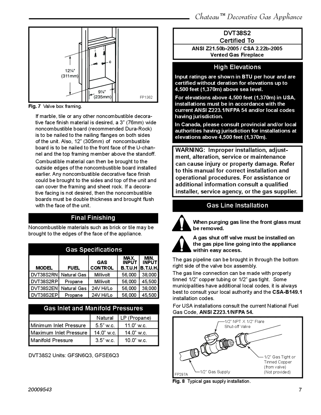 Vermont Casting DVT38S2 Final Finishing, Gas Speciﬁcations, Gas Inlet and Manifold Pressures, High Elevations 