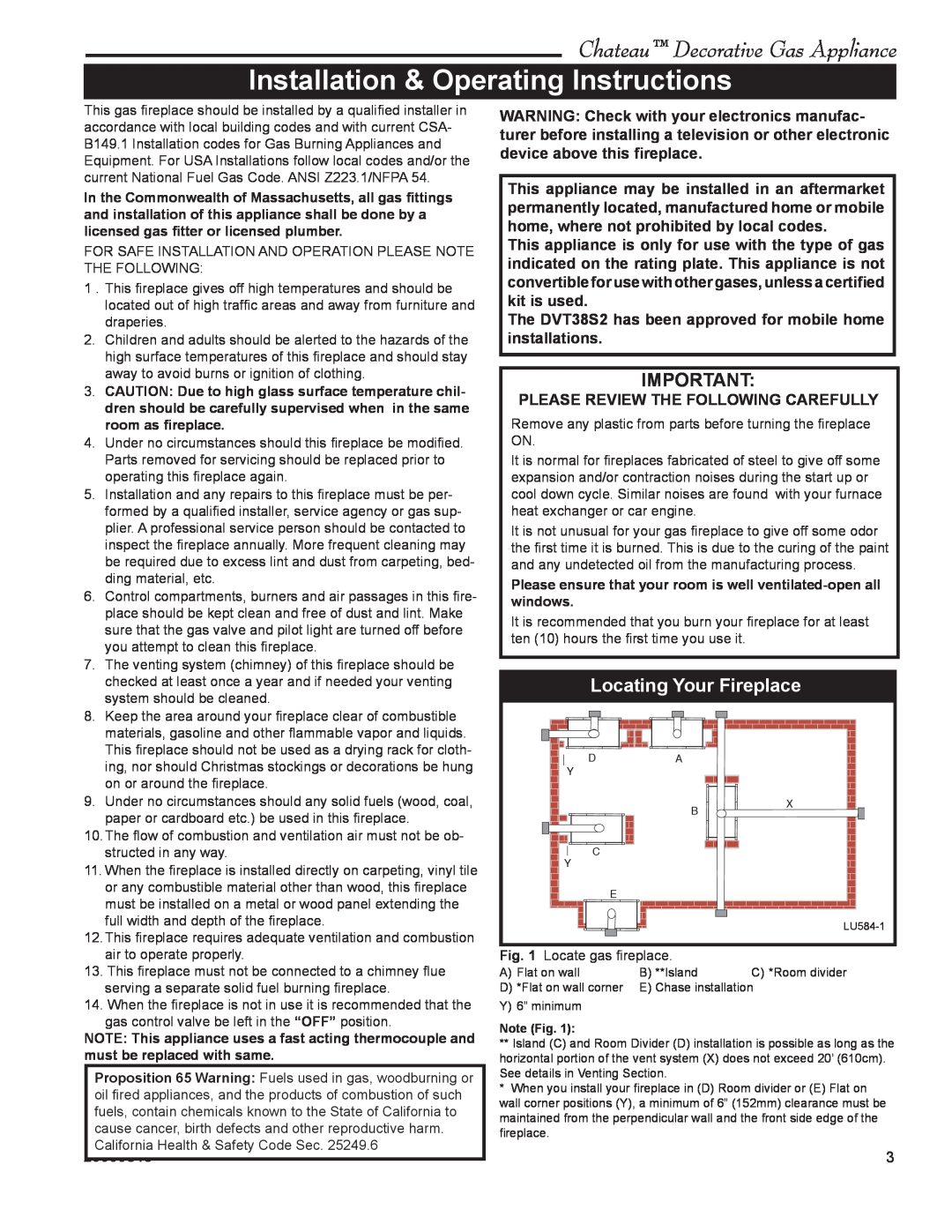 Vermont Casting DVT38S2 Installation & Operating Instructions, Locating Your Fireplace, Chateau Decorative Gas Appliance 