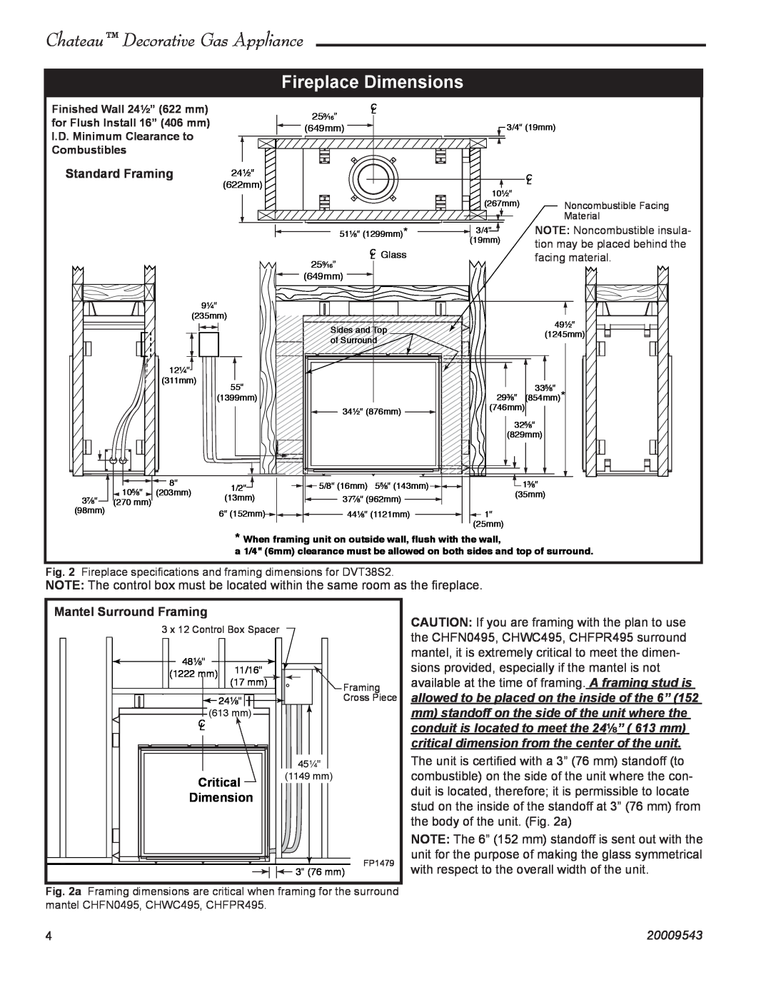 Vermont Casting DVT38S2 Fireplace Dimensions, Standard Framing, Mantel Surround Framing, Critical, 20009543 