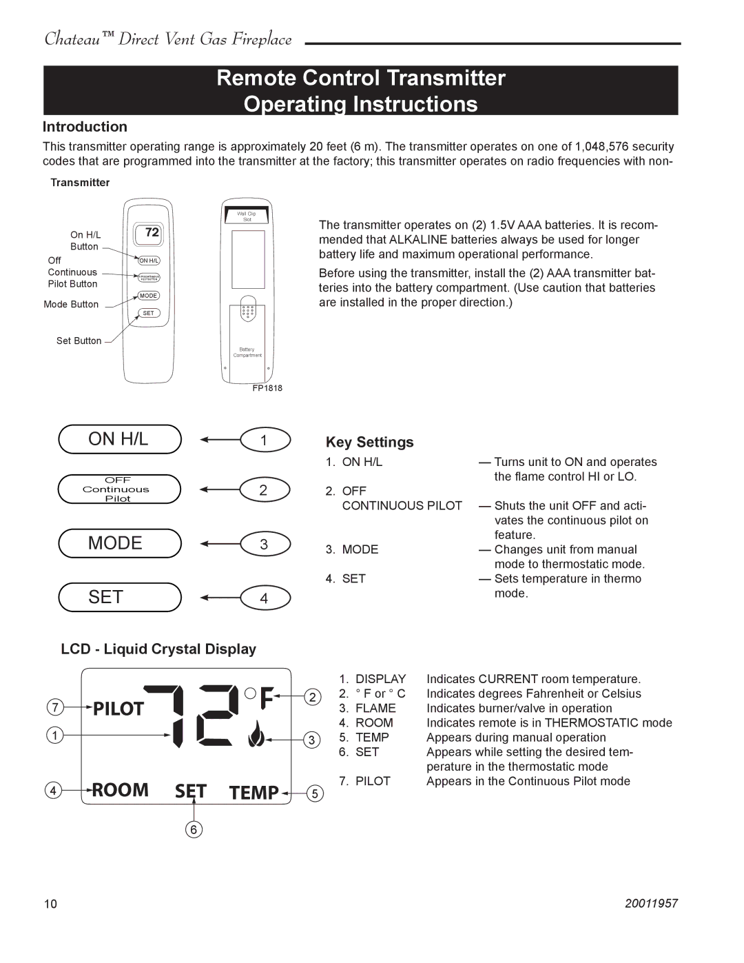 Vermont Casting DVT38S2IN Remote Control Transmitter Operating Instructions, Introduction, Key Settings 