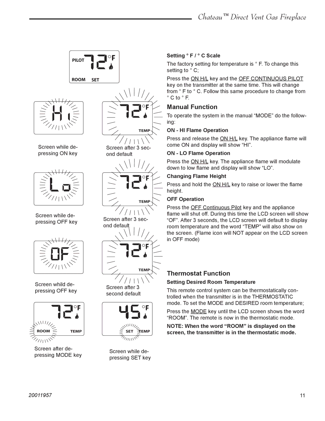 Vermont Casting DVT38S2IN installation instructions Manual Function, Thermostat Function 