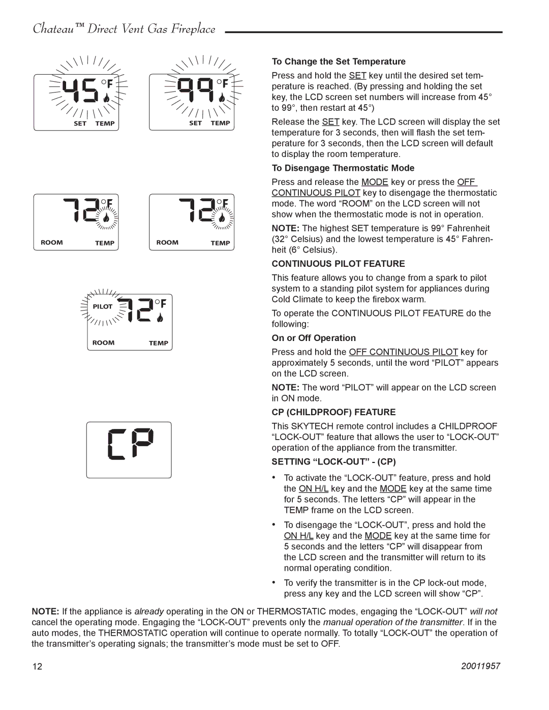 Vermont Casting DVT38S2IN installation instructions Continuous Pilot Feature, CP Childproof Feature, Setting LOCK-OUT CP 