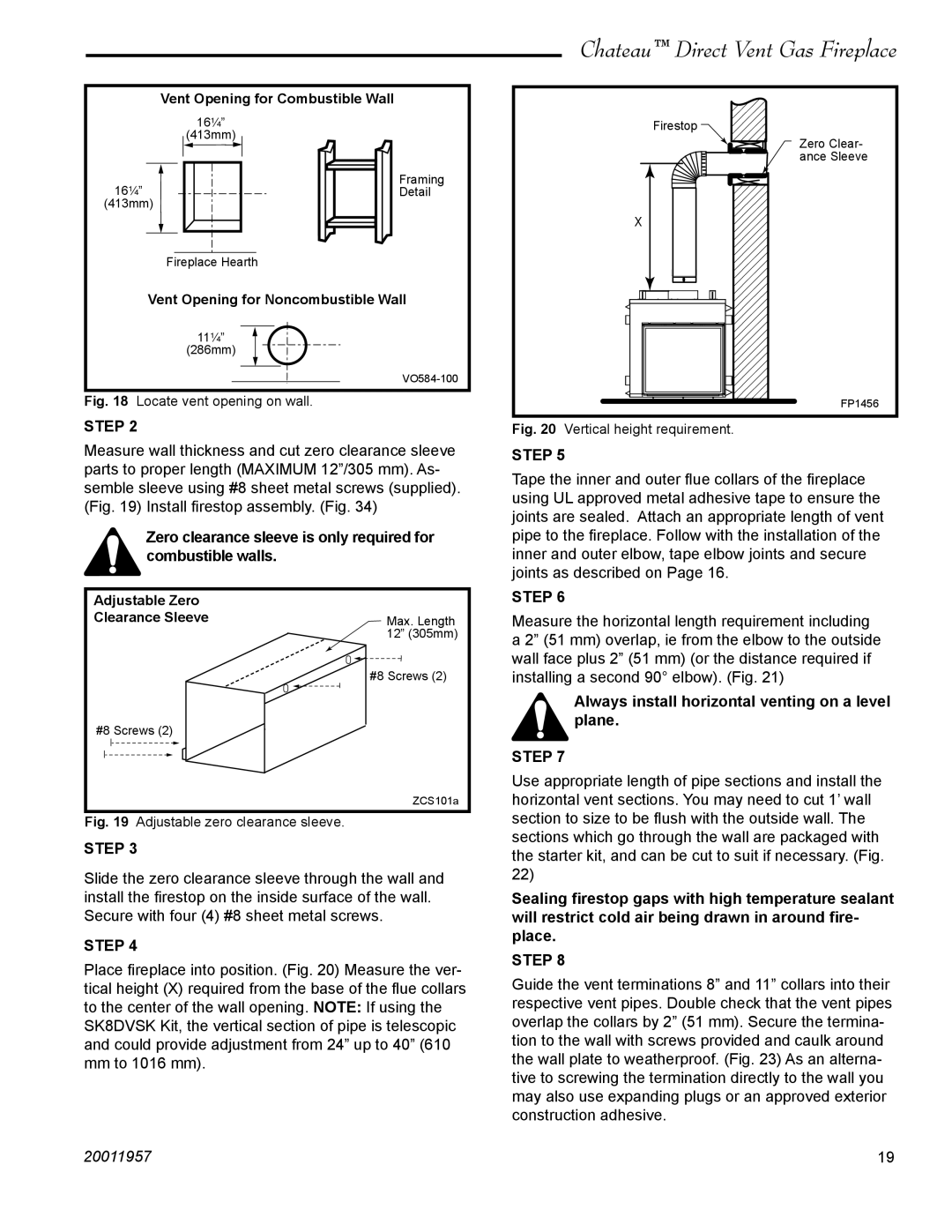 Vermont Casting DVT38S2IN installation instructions Zero clearance sleeve is only required for combustible walls 