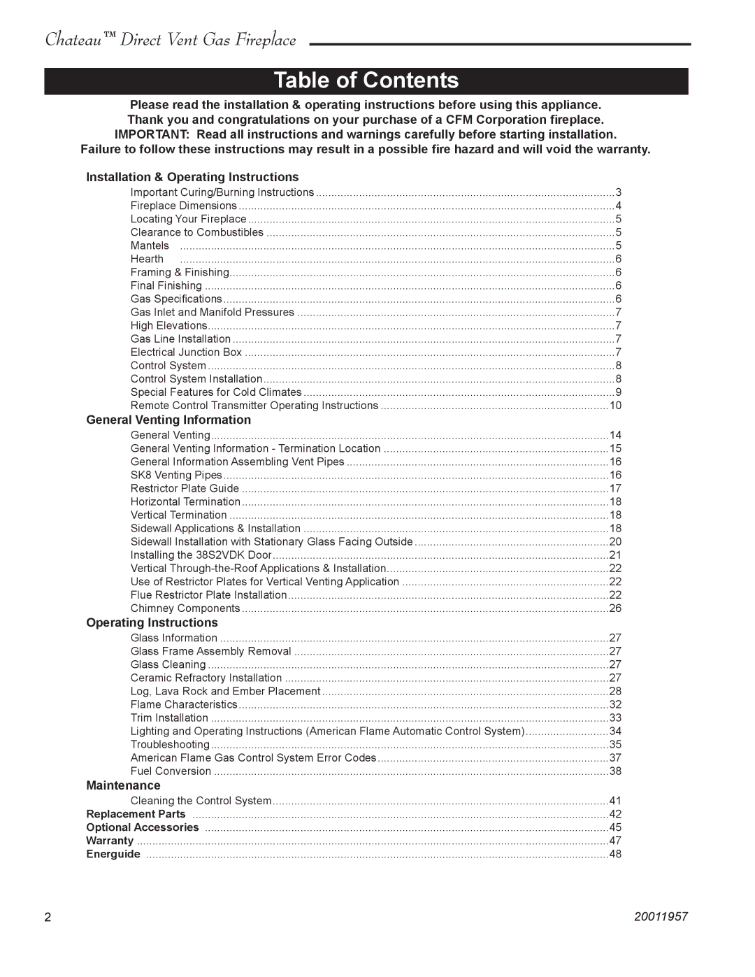 Vermont Casting DVT38S2IN installation instructions Table of Contents 