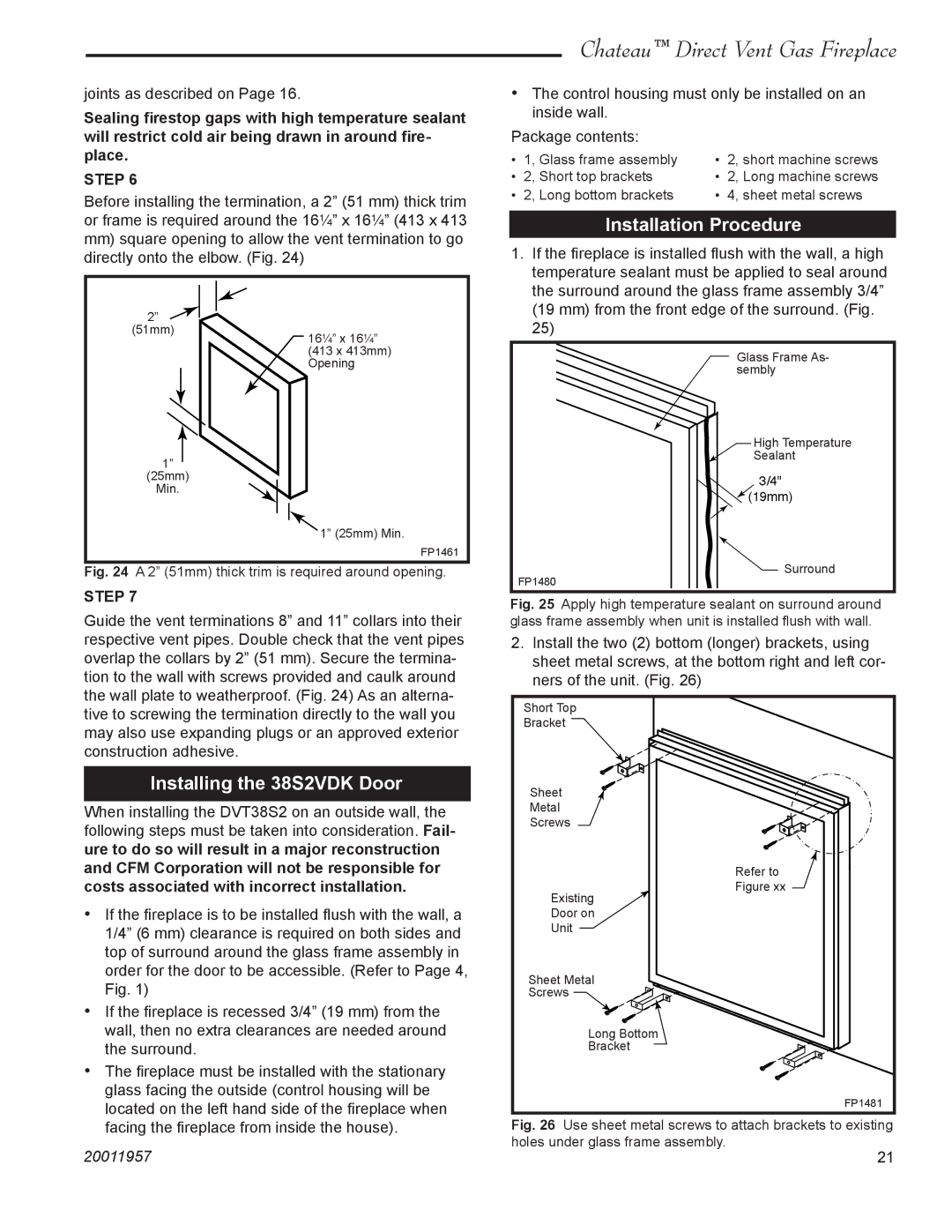 Vermont Casting DVT38S2IN installation instructions Installation Procedure, Installing the 38S2VDK Door 