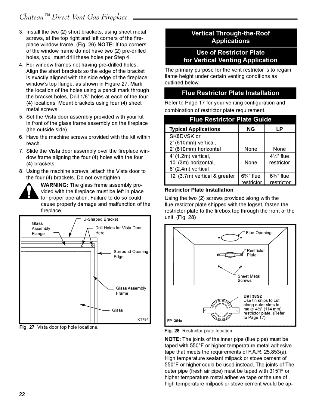 Vermont Casting DVT38S2IN Flue Restrictor Plate Installation, Flue Restrictor Plate Guide, Typical Applications 