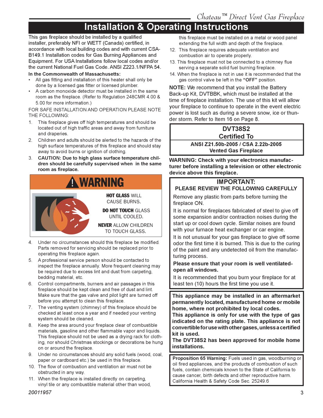 Vermont Casting DVT38S2IN Installation & Operating Instructions, Certiﬁed To, Please Review the Following Carefully 