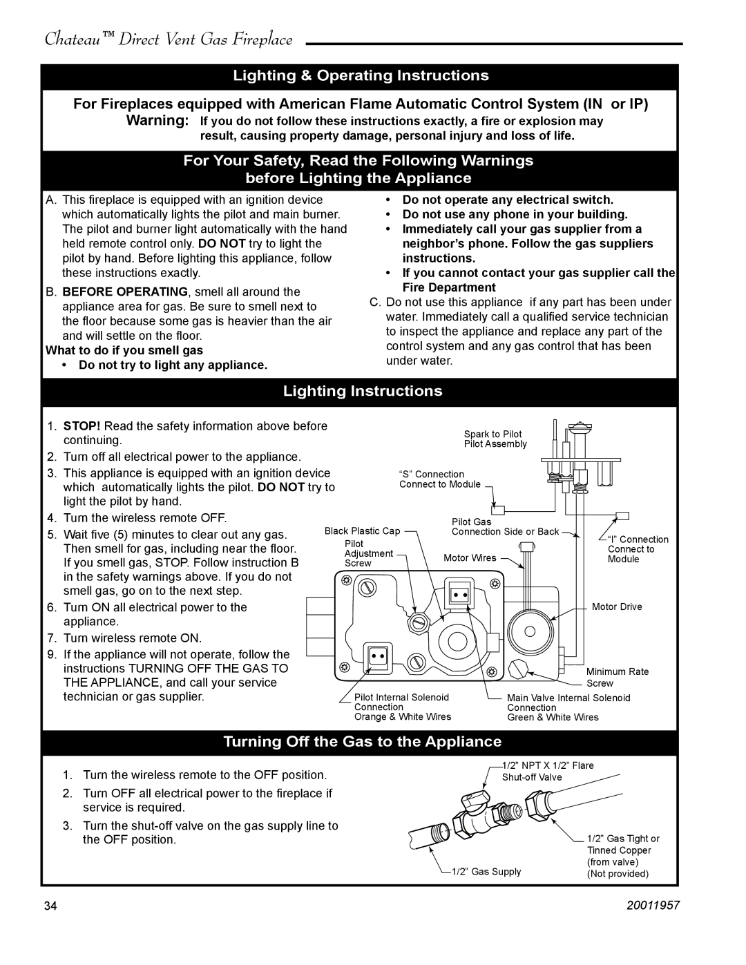 Vermont Casting DVT38S2IN Lighting & Operating Instructions, Lighting Instructions, Turning Off the Gas to the Appliance 