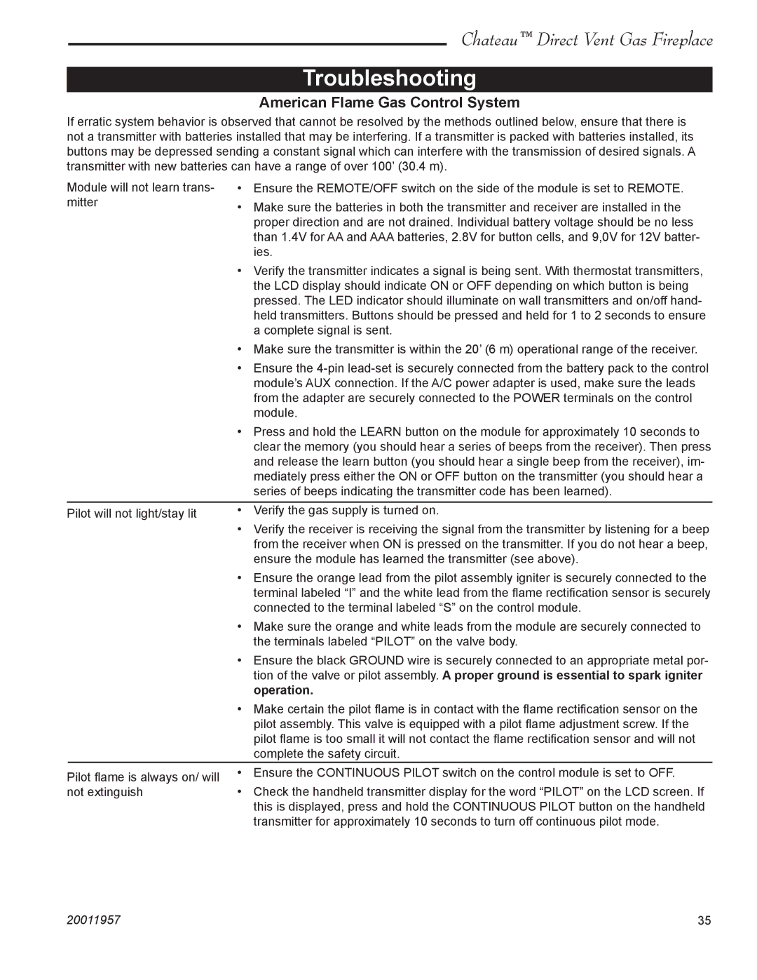 Vermont Casting DVT38S2IN installation instructions Troubleshooting, American Flame Gas Control System, Operation 