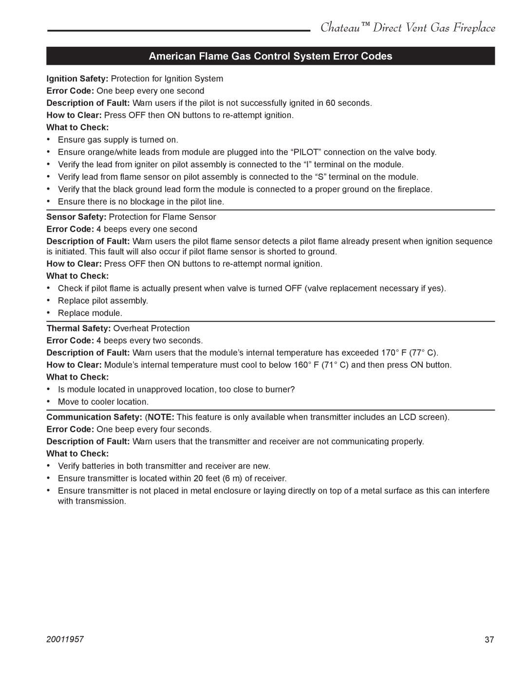 Vermont Casting DVT38S2IN installation instructions American Flame Gas Control System Error Codes, What to Check 