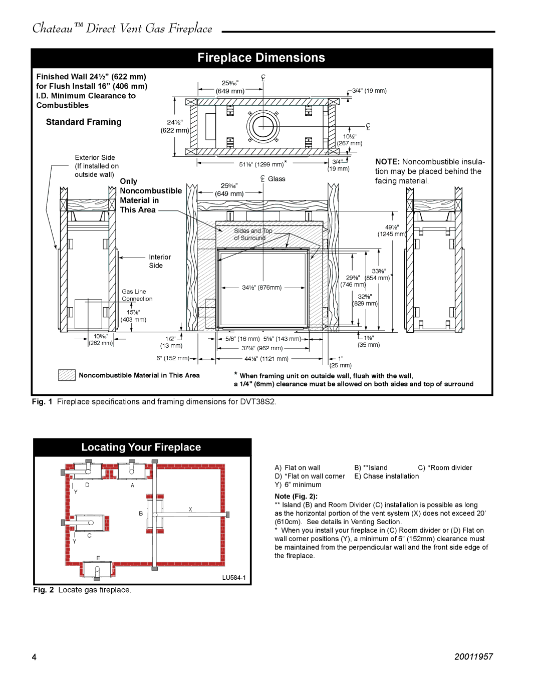 Vermont Casting DVT38S2IN installation instructions Locating Your Fireplace, Standard Framing 