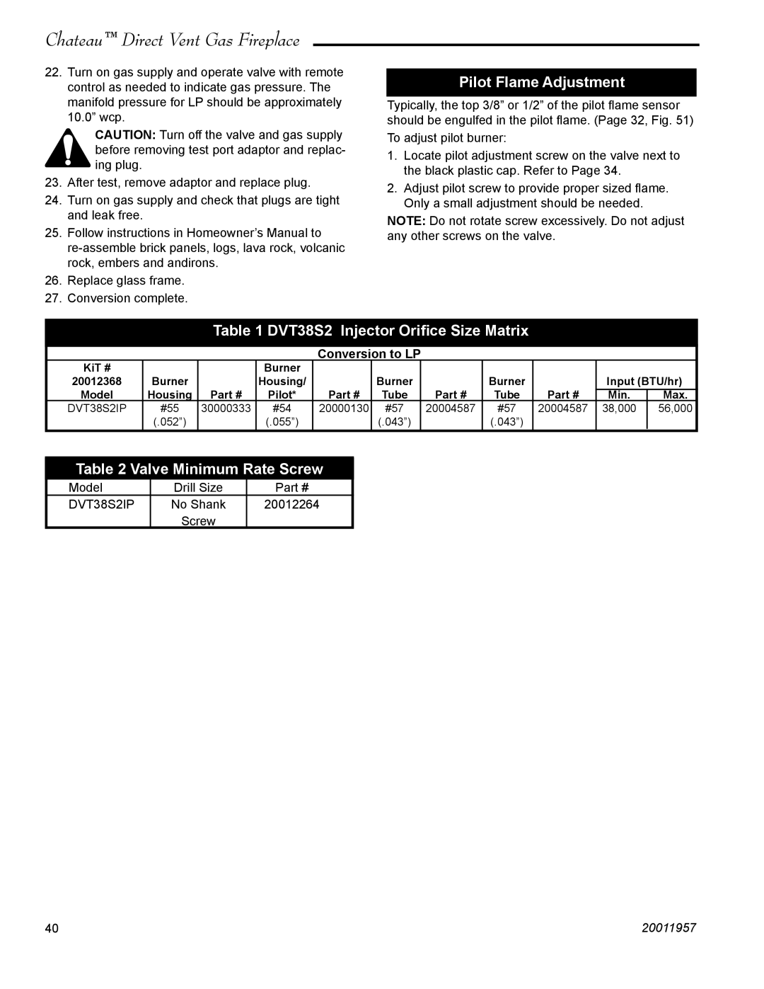 Vermont Casting DVT38S2IN Pilot Flame Adjustment, DVT38S2 Injector Oriﬁce Size Matrix, Valve Minimum Rate Screw 
