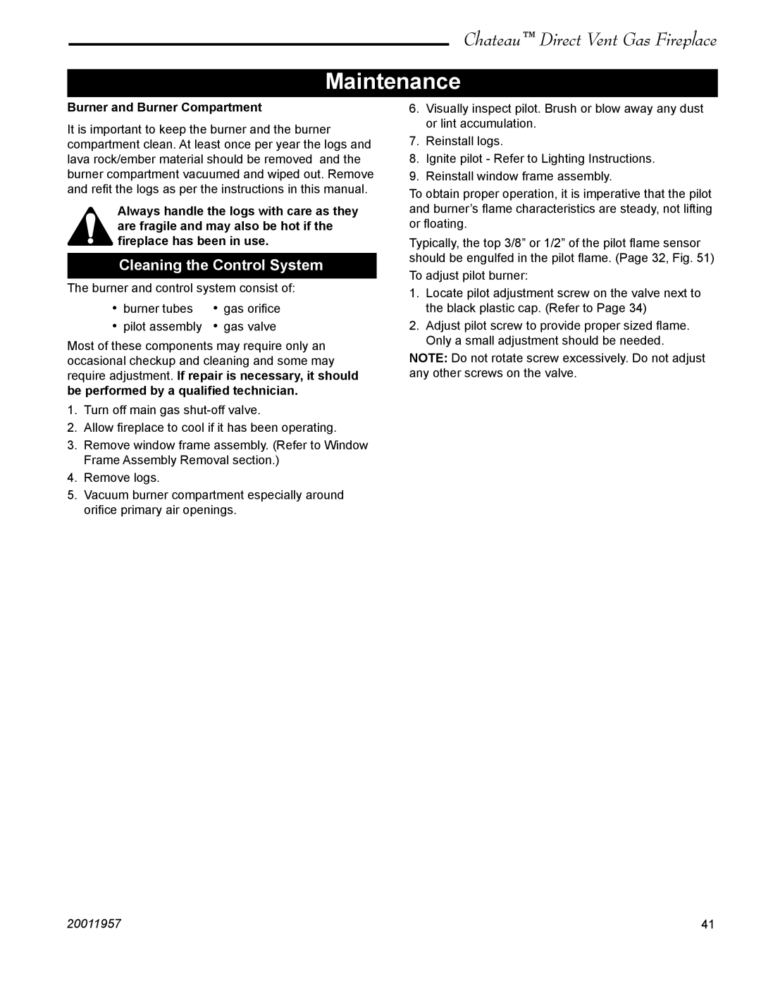 Vermont Casting DVT38S2IN installation instructions Maintenance, Cleaning the Control System, Burner and Burner Compartment 