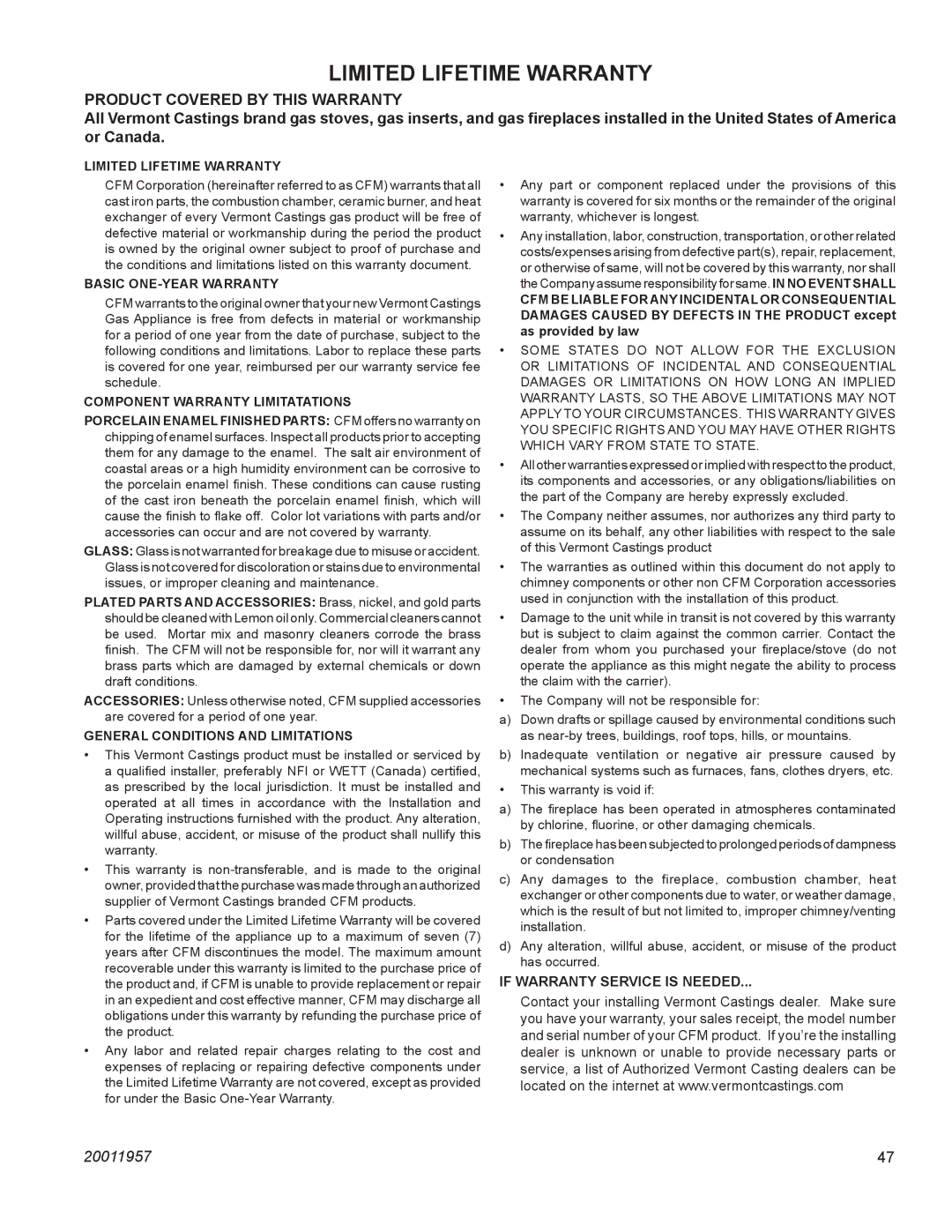 Vermont Casting DVT38S2IN installation instructions Limited Lifetime Warranty, Product Covered by this Warranty 