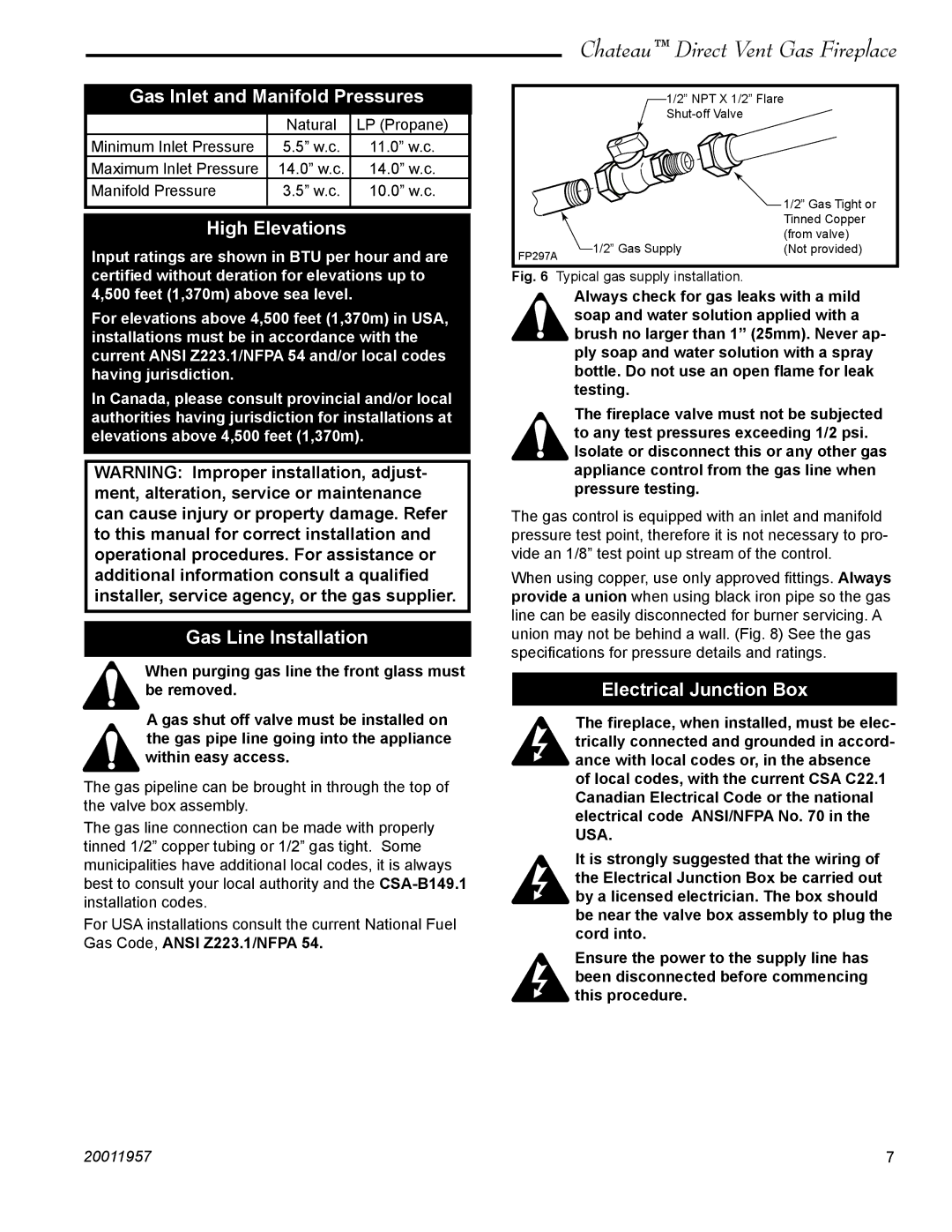 Vermont Casting DVT38S2IN Gas Inlet and Manifold Pressures, High Elevations, Gas Line Installation 