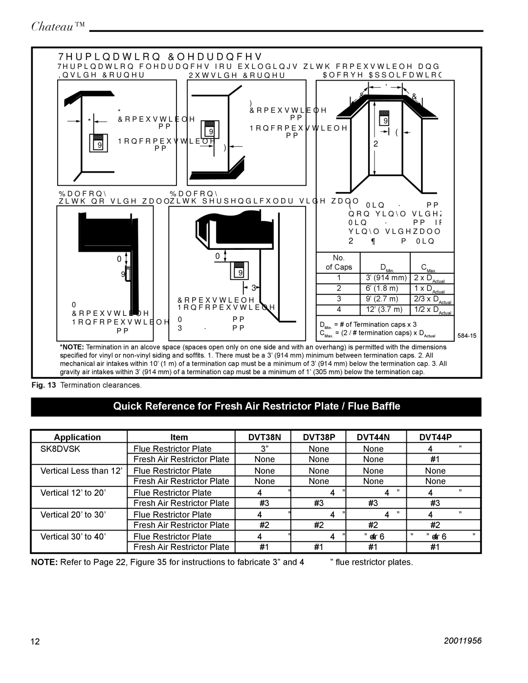 Vermont Casting DVT44 installation instructions Quick Reference for Fresh Air Restrictor Plate / Flue Bafﬂe, Application 