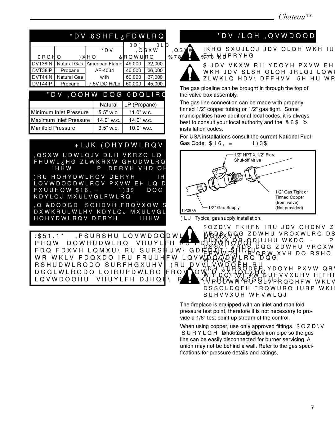 Vermont Casting DVT44 Gas Speciﬁcations, Gas Inlet and Manifold Pressures, High Elevations, Gas Line Installation 