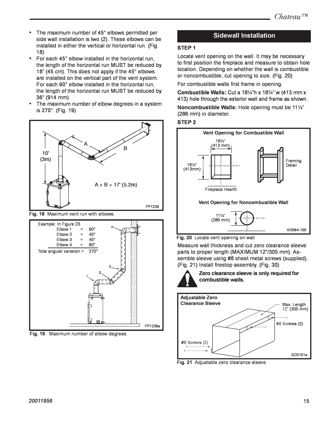 Vermont Casting DVT44 installation instructions Sidewall Installation, Chateau, Step, 20011956 