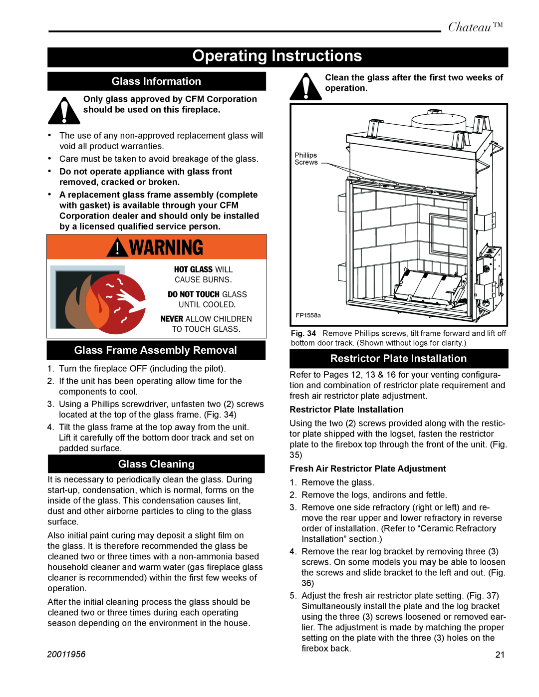 Vermont Casting DVT44 Operating Instructions, Glass Information, Glass Frame Assembly Removal, Glass Cleaning, Chateau 