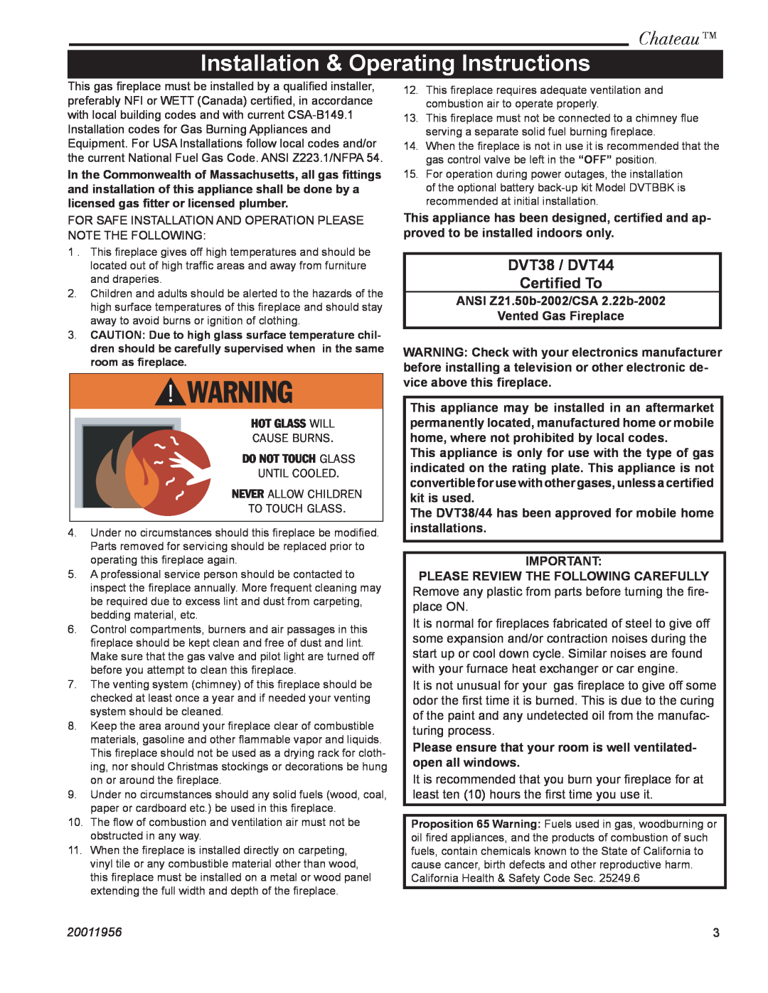 Vermont Casting Installation & Operating Instructions, Chateau, DVT38 / DVT44 Certiﬁed To, 20011956 