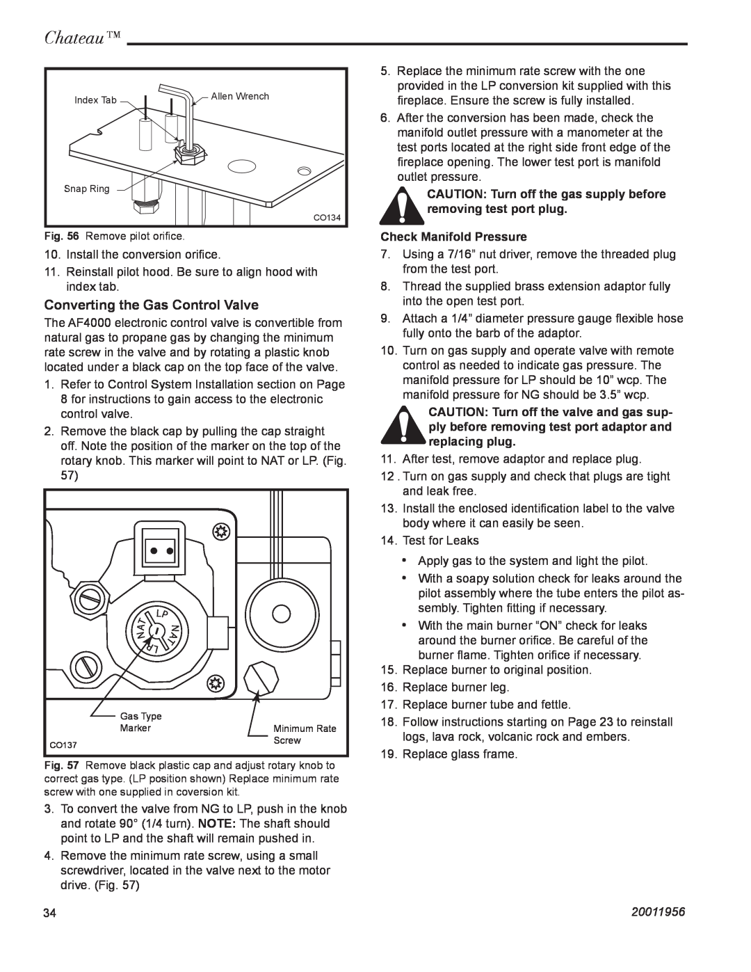 Vermont Casting DVT44 installation instructions Chateau, Converting the Gas Control Valve, 20011956 
