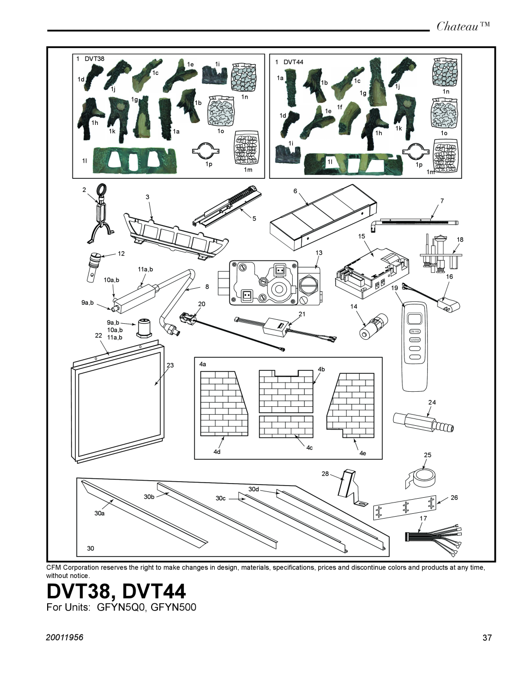 Vermont Casting installation instructions DVT38, DVT44, Chateau, For Units GFYN5Q0, GFYN500, 20011956 