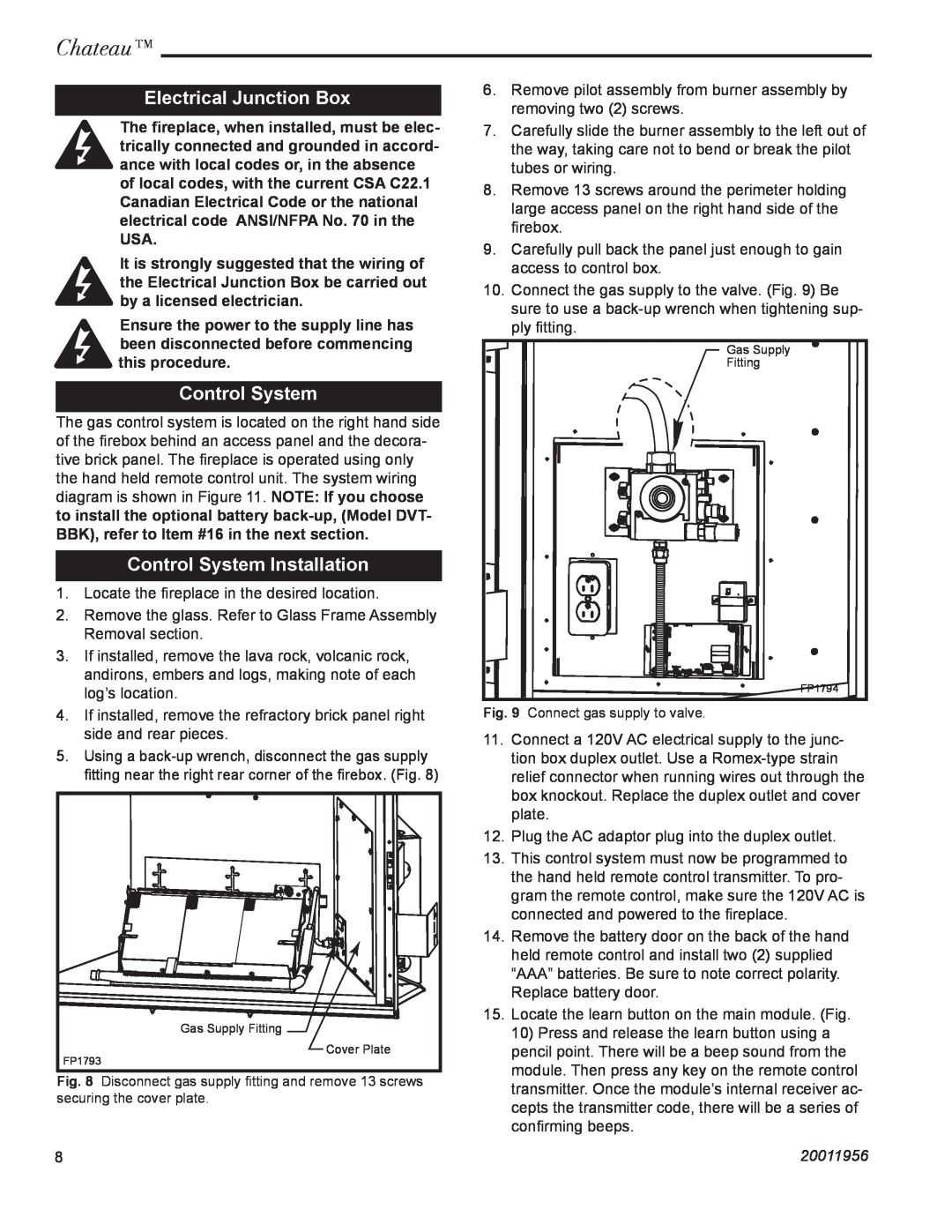 Vermont Casting DVT44 installation instructions Electrical Junction Box, Control System Installation, Chateau, 20011956 