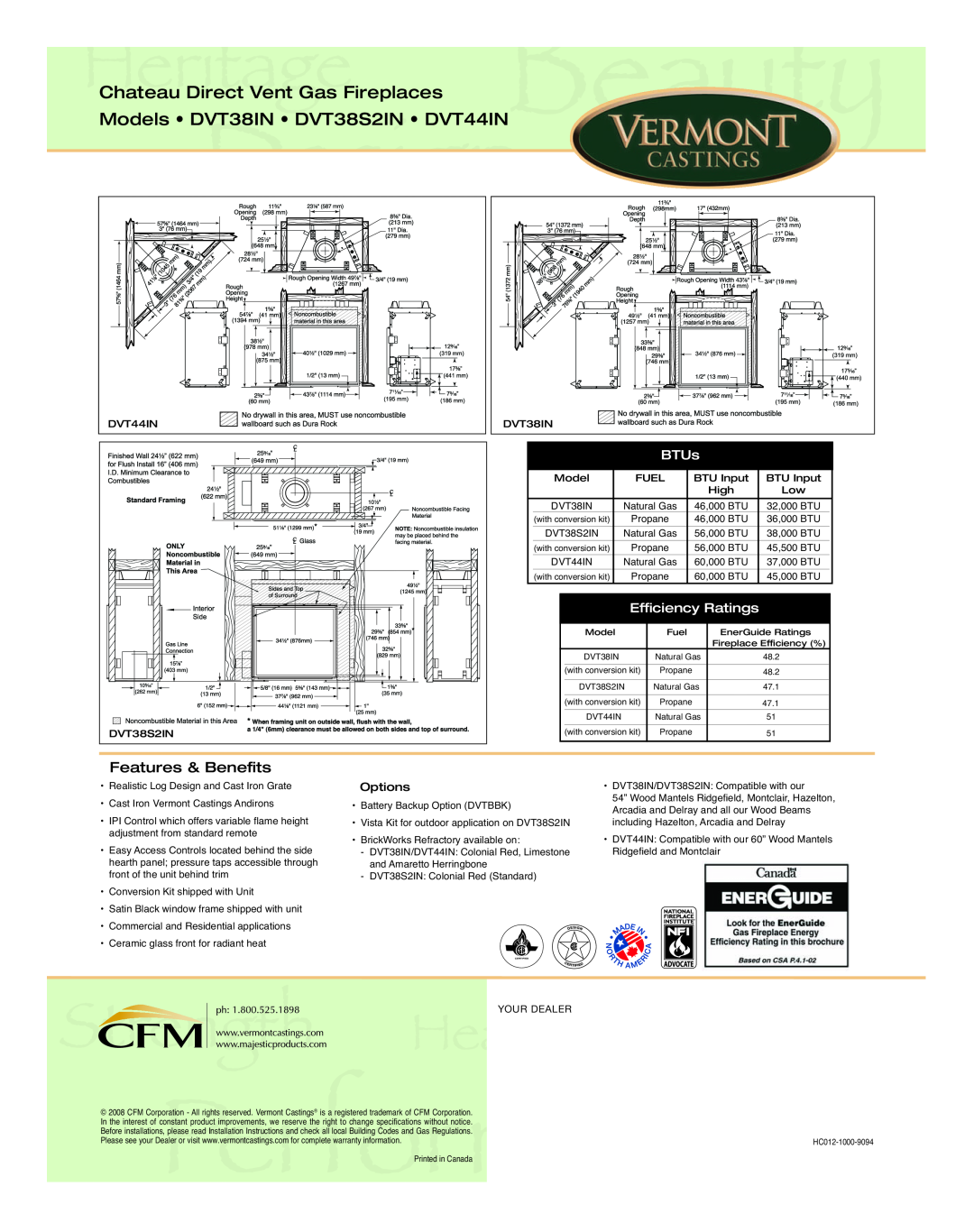 Vermont Casting manual Chateau Direct Vent Gas Fireplaces, Models DVT38IN DVT38S2IN DVT44IN, Features & Benefits, BTUs 