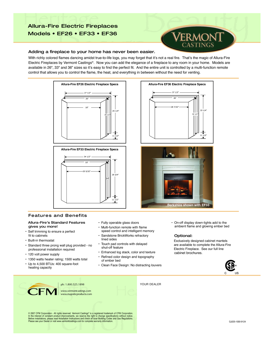 Vermont Casting manual Allura-FireElectric Fireplaces, Models EF26 EF33 EF36, Fe atu res and Bene fit s 