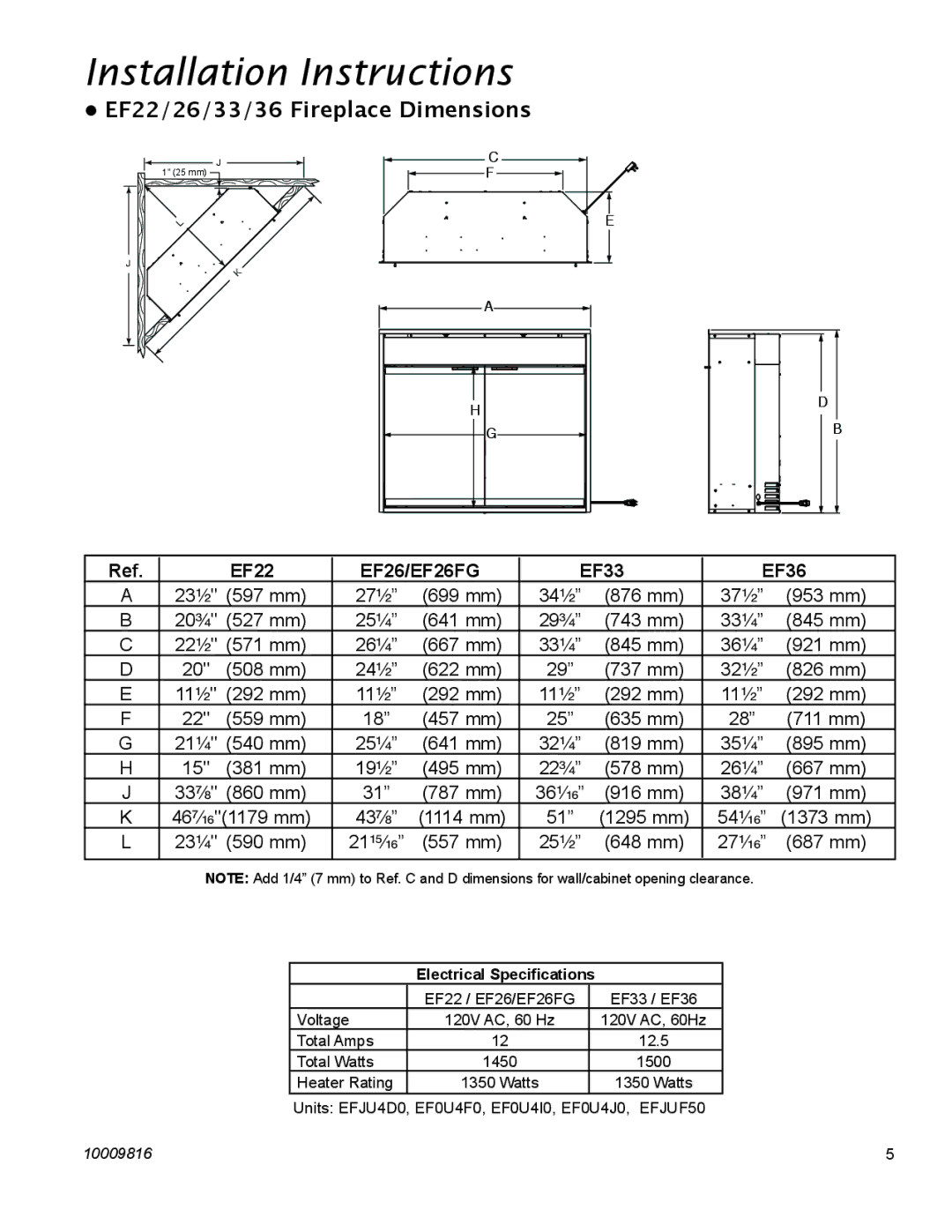 Vermont Casting EF26FG Installation Instructions, EF22/26/33/36 Fireplace Dimensions, Electrical Speciﬁcations 