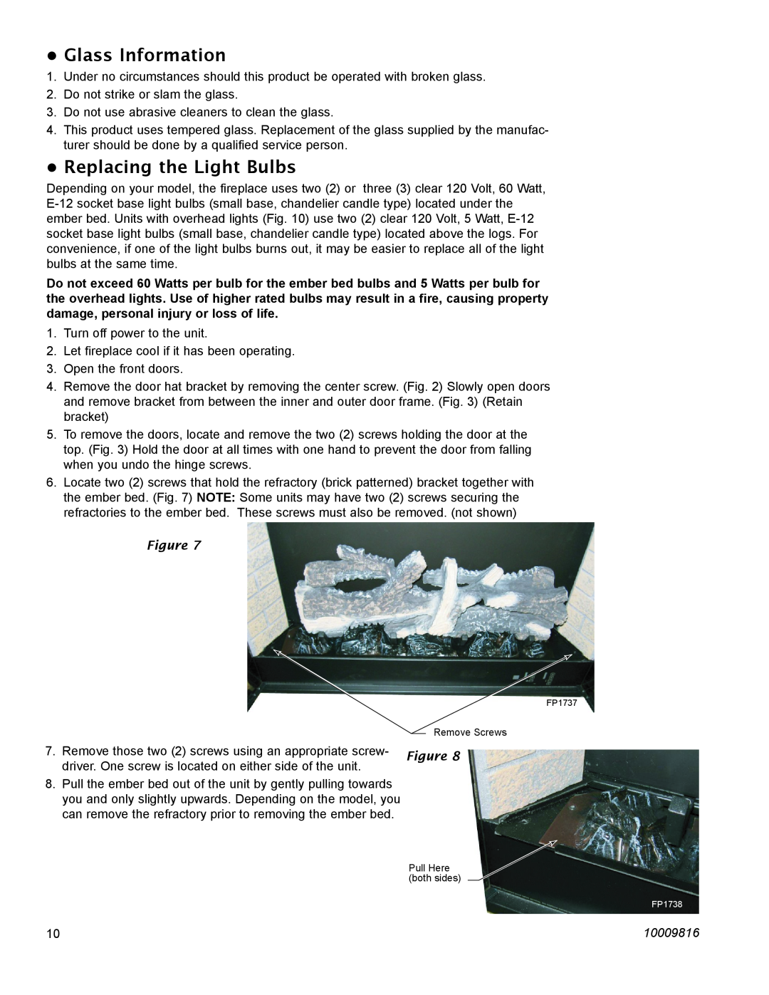 Vermont Casting EF26FG, EF22 operating instructions Glass Information, Replacing the Light Bulbs, 10009816 