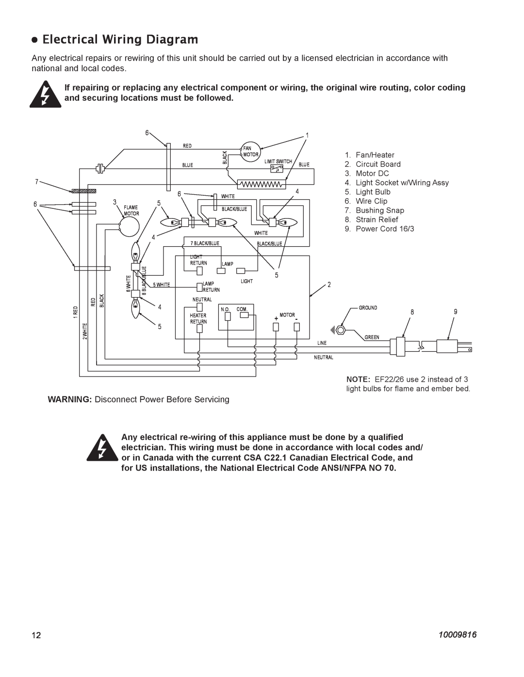 Vermont Casting EF26FG, EF22 Electrical Wiring Diagram, WARNING Disconnect Power Before Servicing, 10009816 